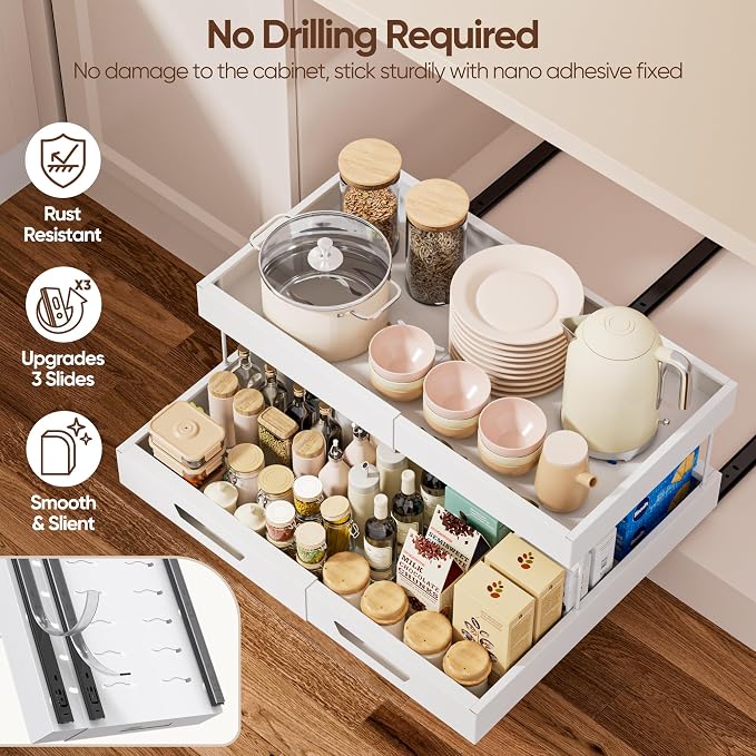 Nacial 2 Tier Pull Out Cabinet Organizer, Expandable(12.3"-20.7" W) Slide Out Cabinet Drawer with Adhesive Nano Film, Adjustable Heavy Duty Roll Out Shelves for Kitchen Pantry Bathroom Storage, White