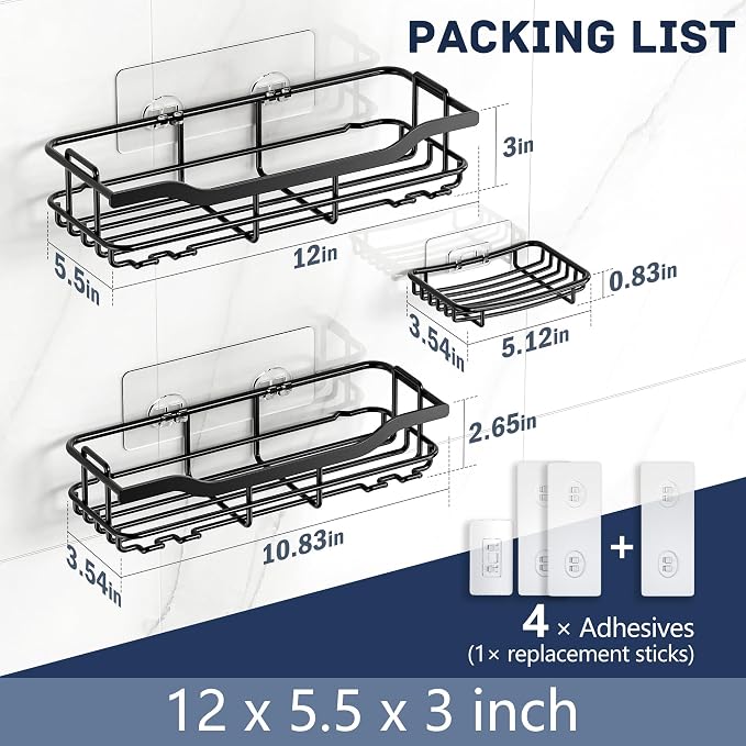 OMAIRA 3-Pack Shower Caddy with Soap Holder, Adhesive Rustproof No-drill Strudy Loading Inside Shower Organizer Shelves Rack Storage Bathroom Organization for Smooth Wall Glass Tile, Black (X-Large)