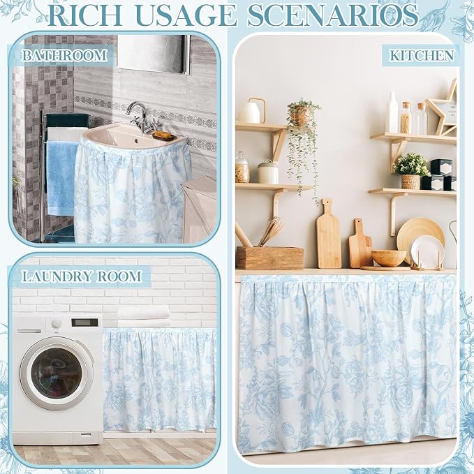 VitalCozy Cabinet Curtain 28" W x 51" L Sink Skirt for Bathroom Kitchen Blue Flower Floral Spring Short Curtain for Home Classroom Farmhouse Rustic Drape Under Desk Privacy Drape for Laundry Room