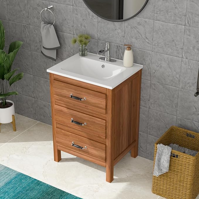 Lordear White Bathroom Sink One Hole Drop In 24 X 20 Inch One Holes Porcelain Ceramic Bathroom Vanity Top Sink Basin 24" Drop in Bathroom Sink