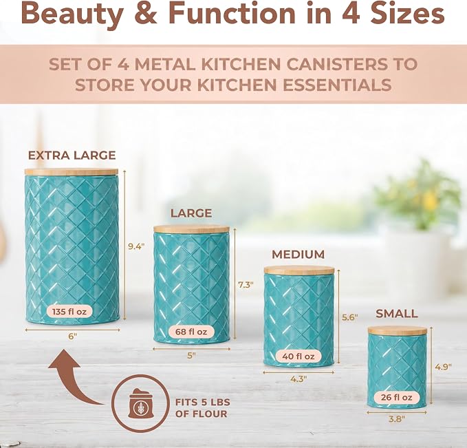 Pebble & Stem® Coastal Teal Metal Canister Set for the Kitchen with Measuring Spoon, Food Canister Set of 4, Airtight Lids, Sugar, Flour Containers, Coffee, Tea Storage, Farmhouse Decor