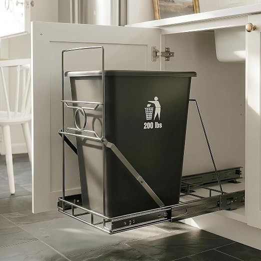 Pull Out Trash Can Cabinet Organizer, Stainless Steel Trash Can Slider for Kitchen Cabinet, Under Sink Slide Out Trash Can Rack for 7-11 Gallon Bins, Black, Bin Not Included