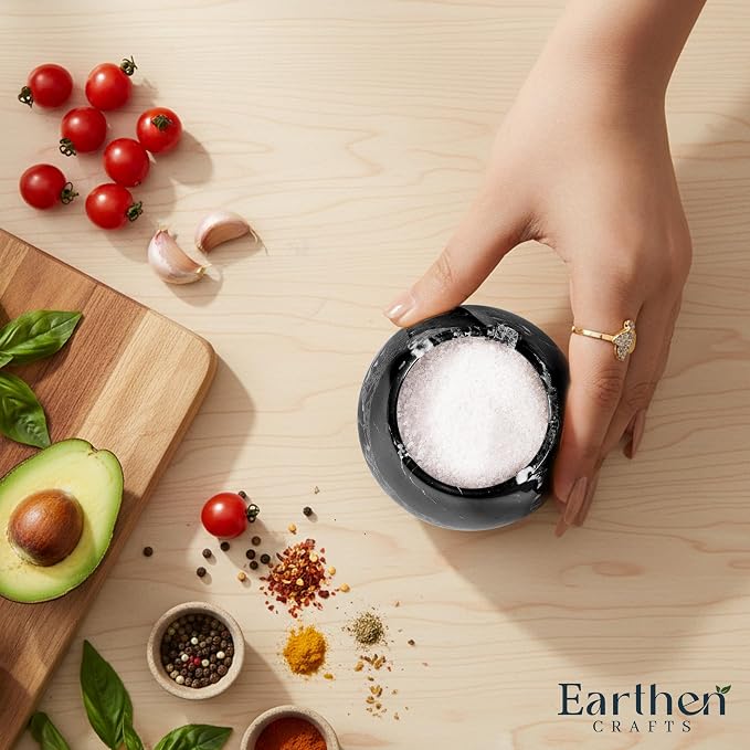 Marble Salt Cellar with Lid & Spoon, Black, 3" Salt Box Natural Stone Salt Holder For Countertop Salt Dish Spice Jar Seasoning Storage Containers for Kitchen Table Decor