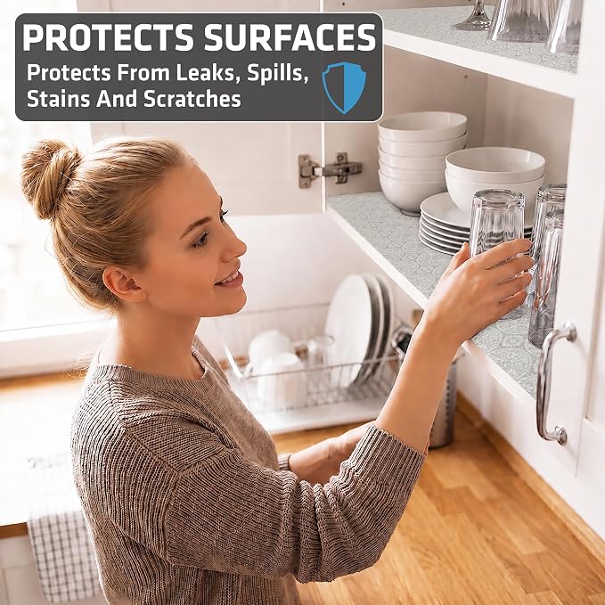 Drymate Premium Luxury Shelf & Drawer Liner, Thick Cushioned Fabric, Non-Adhesive, Absorbent, Waterproof, Slip-Resistant, Liners for Kitchen Cabinets, Cupboards (USA Made)(12”x59”)(2-Pack)(Tan)