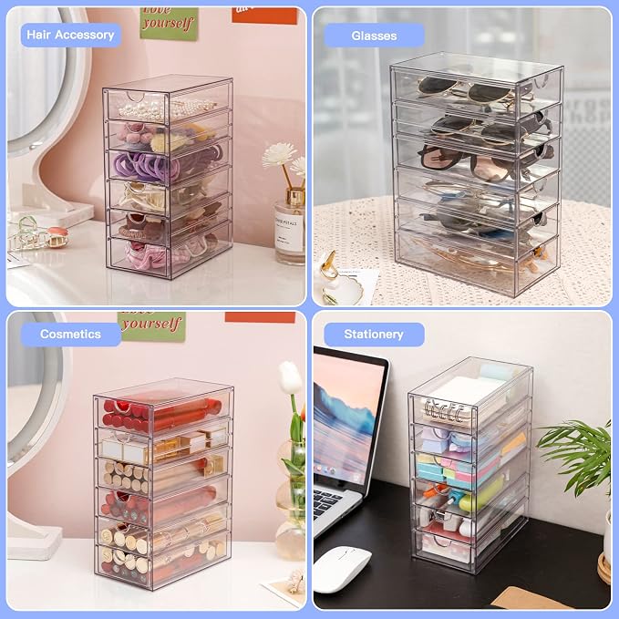 FABROK Clear Hair Accessory Organizer Box with 6 Drawers | Compact Storage Organization, For Cosmetics, Glasses, Stationery, Stackable Storage Containers, For Bathroom, Closet, Office