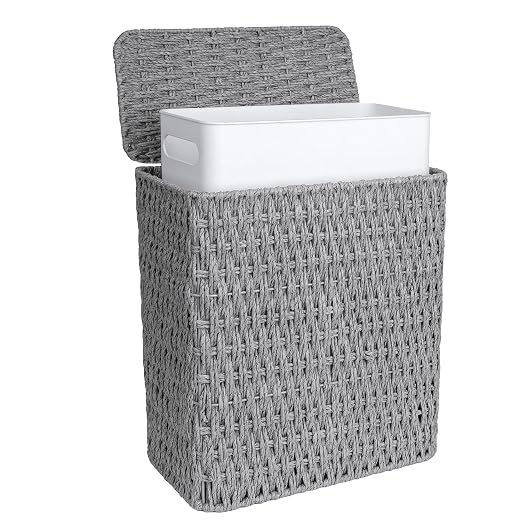 iEGrow Paper Rope Trash Can,Bathroom Trash Can with Lid, 3 Gallon Wicker Waste Basket with Removable Liner, for Bedroom, Living Room, Toilet, Under Sink Gray