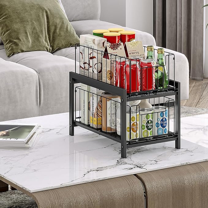 INGIORDAR 1 Pack Under Sink Organizer 2 Tier Multi Purpose Pull Out Cabinet Storage Organizers for Bathroom and Kitchen Under Sink Shelf Rust-resistant Coating Height Adjustable Black