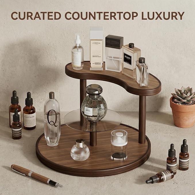 GDQ Wooden Display Organizer Stand,Perfume Organizer, Brown Bamboo Vanity Organizer Display Storage for Cosmetics, Perfume, Plants, Tea Set, Open Design for Entryway/Living Room/Bathroom/Bedroom
