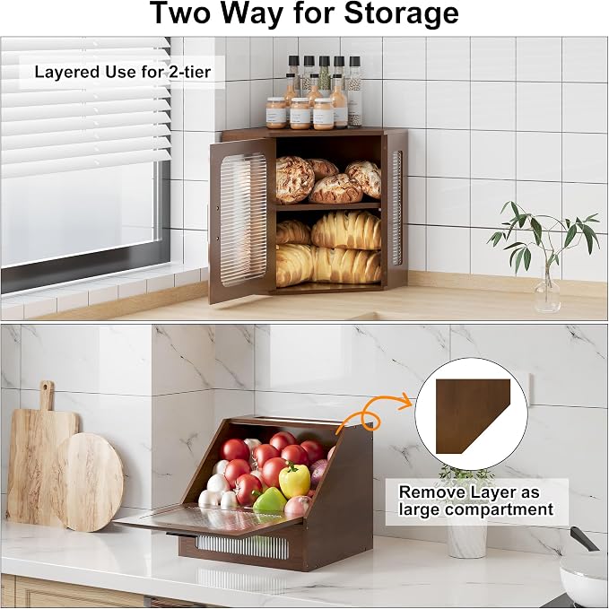 TQVAI Bread Box for Kitchen Countertop Large Corner Bread Loaf Storage Container Double Layer Wooden Bread Boxes Bin Farmhouse Pantry Shelf with Acrylic Window, Retro Brown