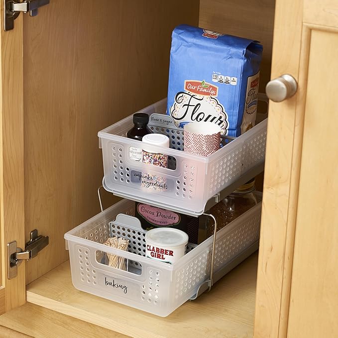 madesmart 2-Tier Organizer Slide-Out Baskets with Handles, Space Saving, Multi-Purpose Storage & BPA-Free, Large, Frost-with Dividers (Pack of 4)