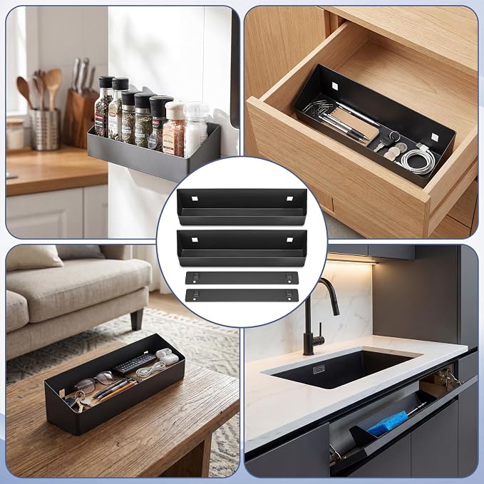 Zonon 2 Set 11 Inch Tip Out Tray for Front Sink Drawer with Hinges and Mounting Plate Includes Screws and No-Drill Adhesive, Metal Pull Out Storage Organizer for Kitchen Bathroom Cabinet