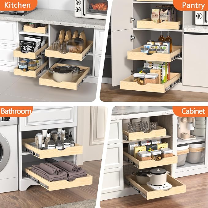 ZOINLIY 21''W X 21''D X 3''H Wooden Pull Out Drawer for Cabinet, Cabinet Organizer for Kitchen, Soft Close Slide Out Shelves, Heavy Duty, Full-Extension