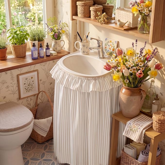 Brown Ruffle Gingham Sink Skirt Self-Adhesive Bathroom Stitch Self Stick Adhesive Fabric Under Sink Curtain Skirt 32'' x 55'' for Bathroom Kitchen Laundry Utility Room Decor(Stripe)