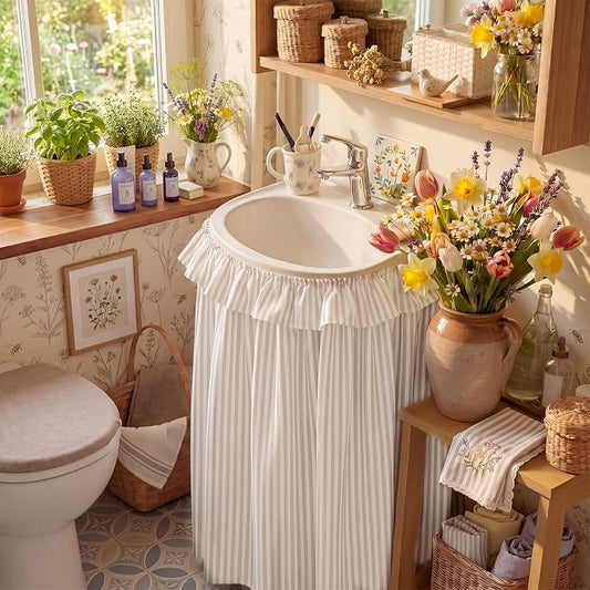 Brown Ruffle Gingham Sink Skirt Self-Adhesive Bathroom Stitch Self Stick Adhesive Fabric Under Sink Curtain Skirt 32'' x 55'' for Bathroom Kitchen Laundry Utility Room Decor(Stripe)