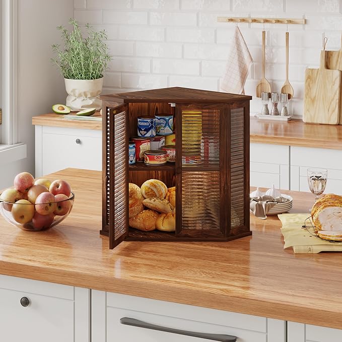 Corner Bread Box for Kitchen Counter, 16.7 Inch Extra Large 2-Tier Farmhouse Bread Box with Natural Pine Wood Grain, Dual Wave Glass Doors and Adjustable Shelf(Pine Wood)