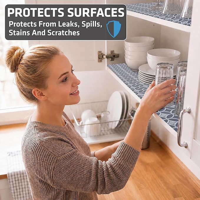 Drymate Premium Luxury Shelf & Drawer Liner, Thick Cushioned Fabric, Non-Adhesive, Absorbent, Waterproof, Slip-Resistant, Liners for Kitchen Cabinets (USA Made)(12”x59”)(24-Pack)(IndigoGrey)