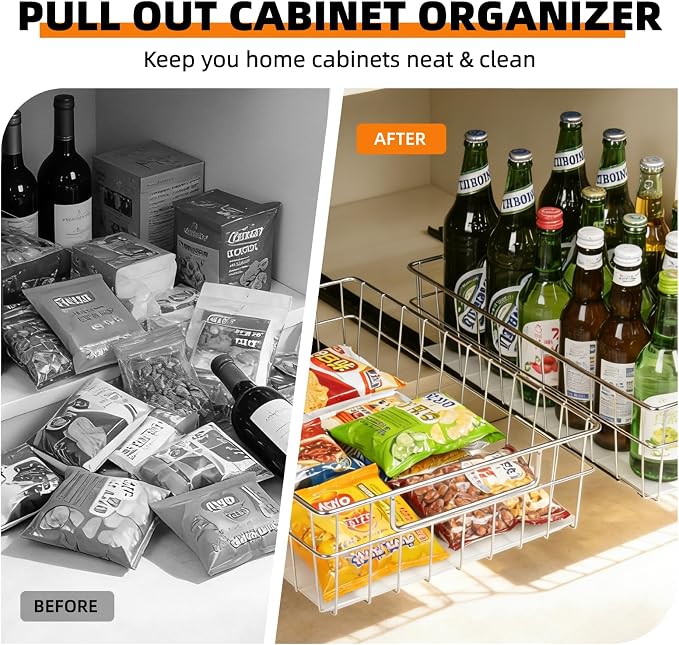 Pull Out Cabinet Organizer, 1 Pack Stainless Steel Pull Out Drawers for Cabinets with Silent Full-Extension Slides, Heavy Duty Kitchen Cabinet Organizer for Home Kitchen Pantry