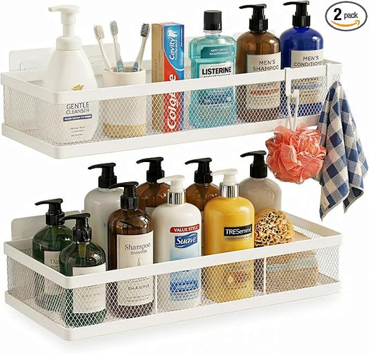 PUSDON Mesh Shower Caddy Wall Mount, Heavy Duty Adhesive Bathroom Shelf Organizer, Rustproof Floating Spice Rack for Kitchen Pantry, Holds 50 LBS, Multi-Purpose Storage White-2 Packs (Netting)