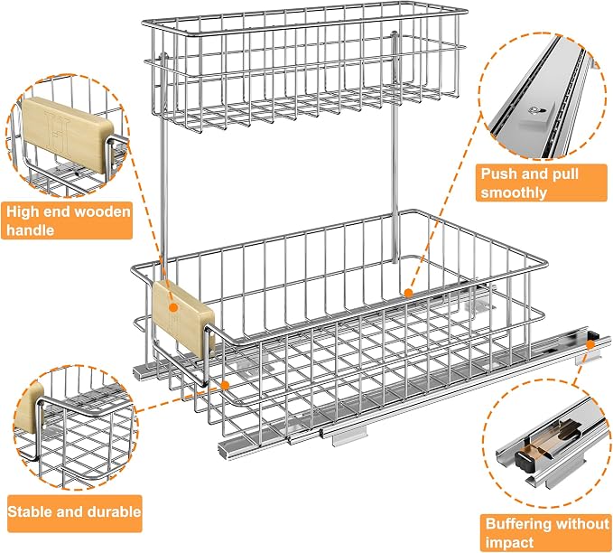 RITSU Pull Out Cabinet Organizer, Under Sink Slide Out Storage Shelf with 2 Tier Sliding Wire Drawer, Sliding Storage for Inside Kitchen Cabinet- 11.5 in. W x 21.5 in. D (Left)