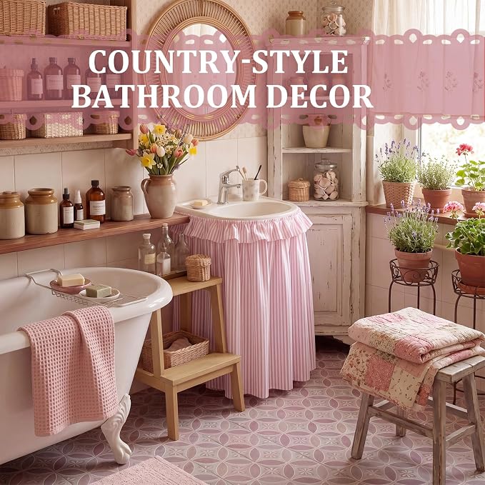 Pink Ruffle Gingham Sink Skirt Self-Adhesive Bathroom Stitch Self Stick Adhesive Fabric Under Sink Curtain Skirt 32 x 55 in for Bathroom Kitchen Laundry Utility Room Decor(Stripe)