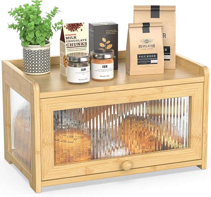 BAMBANG Bamboo Bread Box for Kitchen Countertop, Extra Large Farmhouse Bread Box with 4-Side Clear Panels, Wooden Bread Storage Container for Homemade Bread, Natural