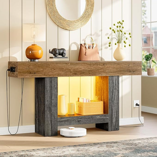 TEENFON 63" Console Tables for Entryway, Sofa Table, Behind The Couch Table with Charging Station and LED Lights, Farmhouse Entryway Table for Entrance, Hallway, Living Room