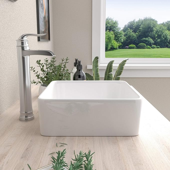 Mocoloo Square Bathroom Vessel Sink - 15 x 15 Inch Bathroom Sinks Above Counter Porcelain Ceramic Vanity Top Square Countertop Small Bathroom Modern Vessel Sinks