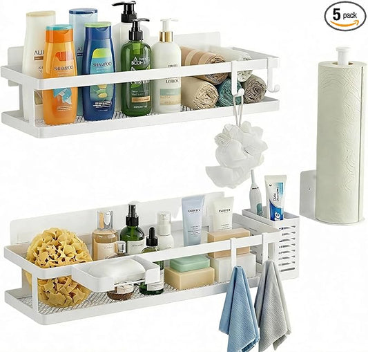 PUSDON 5-in-1 16.5" Extra Long Kitchen Organizer & Shower Caddy Set, Wall Mount Spice Rack with Paper Towel Holder, Utensil Holder & Soap Dish, Rustproof Mesh - White, Guardrail