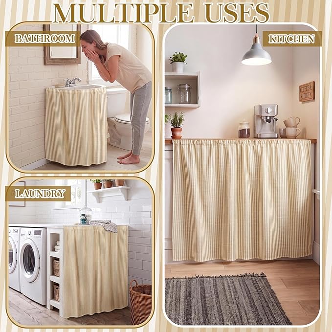 VitalCozy Cabinet Curtain 28" W x 35" L Sink Skirt for Bathroom Kitchen Brown Stripes Spring Short Curtain for Home Classroom Farmhouse Rustic Drape Under Desk Privacy Drape for Laundry Room