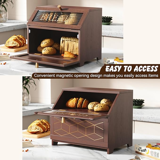HOLTICO Double Layer Bread Box With Golden Trim for Countertop, Wooden Bread Container for Kitchen Counter, Corner Bread Storage, Brown