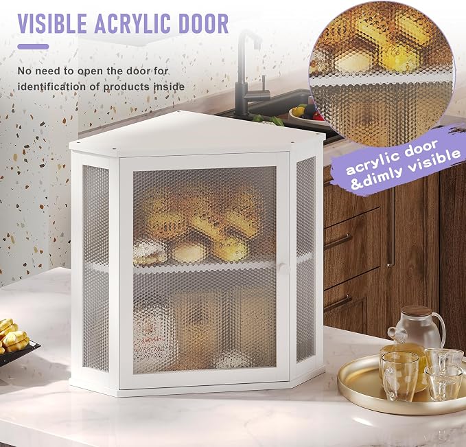 Bamboo Bread Box with Acrylic Window Display, Kitchen Countertop Storage,(White, Medium)