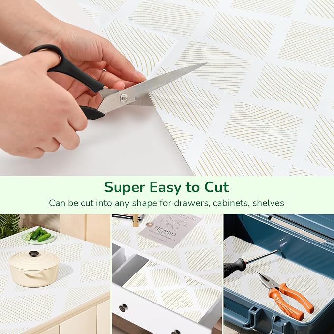 Drawer and Shelf Liner for Kitchen 17.5in x 10FT, Non-Slip Non-Adhesive Cabinet Liners for Cupboard, Dresser, Shelves, Tool Box, Pantry, Thickened Easy Install, Strong Grip, Yellow&White