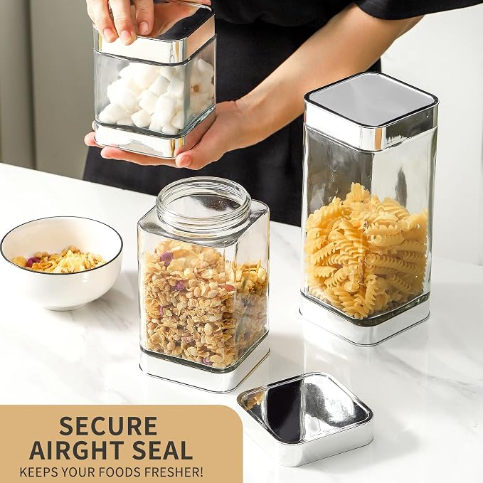 Glass Storage Jars-Large Kitchen Glass Canisters with Airtight Lids -Coffee Pasta Sugar Tea Snack Nuts Cookie Flour Food Container - Set of 3， Silver