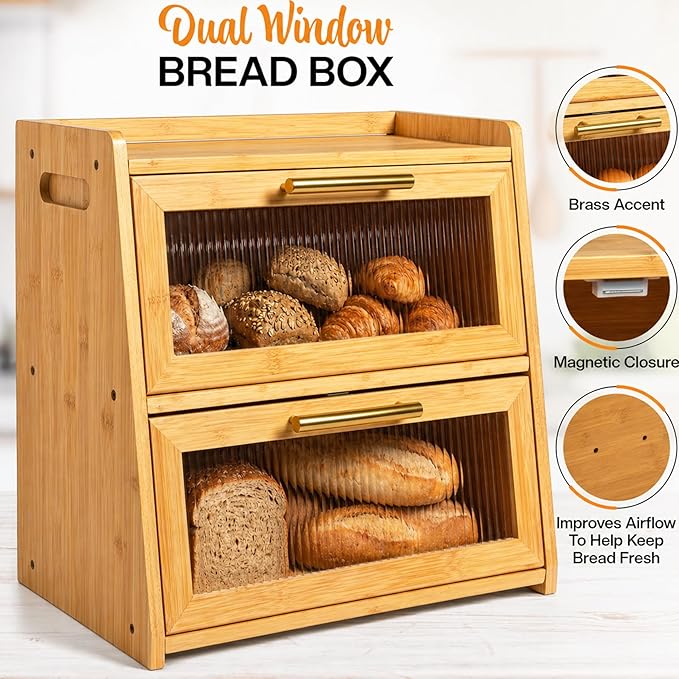 Gennua Kitchen Extra Large Bamboo Bread Box for Kitchen Countertop, Wooden Double Layer Breadbox Provides Double the Storage, Holds Multiple Loaves, Durable & Beautiful with Frosted Acrylic Panels