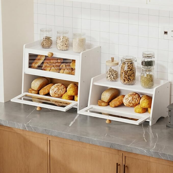 BAMBANG Bread Box for Kitchen Countertop, Extra Large Bamboo Bread Storage Container for Homemade Bread, Double Layer Sourdough Breadox, Bread Bin Organizer for Counter Cabinet Pantry, White