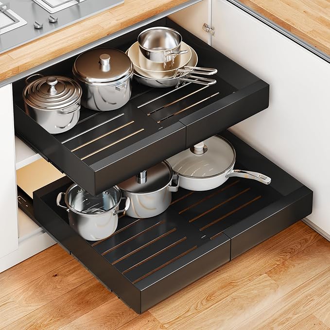 PXRACK Pull out Cabinet Organizer, Expandable(12"-20") Heavy Duty Peel and Stick Roll out Drawer for Pots and Pans, Adjustable Adhesive No Drill Screw Slide out Shelf Storage for Home Kitchen Pantry