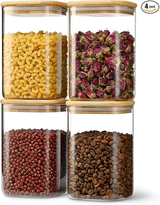 D2scrma 37oz Airtight Glass Square Storage Canister with Bamboo Lid Set of 4 (1100ml) Container Stackable Jar, Kitchen Canister for Pantry Noodles, Flour and Coffee beans (‎with Black Lable)