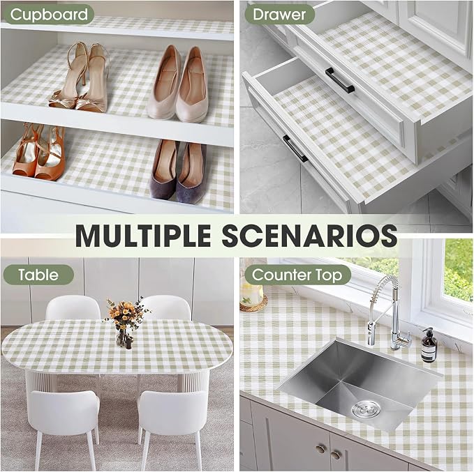 Drawer and Shelf Liner, Non-Slip Kitchen Cabinet Liners Non-Adhesive Thick Strong Grip Waterproof Washable Mats Protect Dresser Shelves Cupboard Bathroom Cabinets, Yellow Plaid, 24 in X 10 FT
