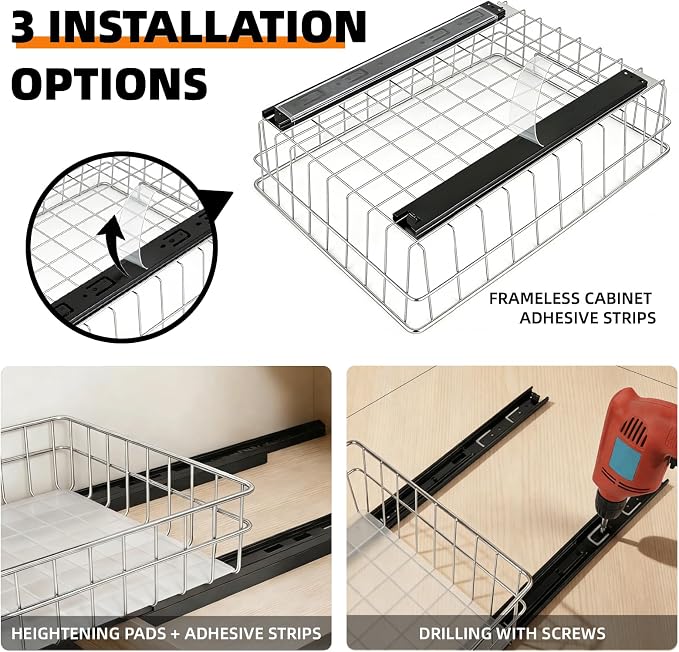 Pull Out Cabinet Organizer, 1 Pack Stainless Steel Pull Out Drawers for Cabinets with Silent Full-Extension Slides, Heavy Duty Kitchen Cabinet Organizer for Home Kitchen Pantry