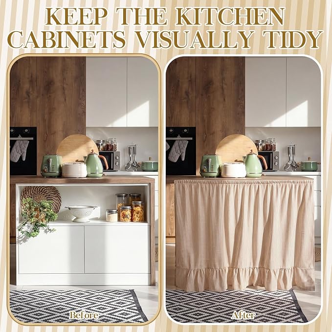 VitalCozy Cabinet Curtain 28" W x 51" L Sink Skirt for Bathroom Kitchen Brown Stripes Ruffles Short Curtain for Home Classroom Farmhouse Rustic Drape Under Desk Privacy Drape for Laundry Room