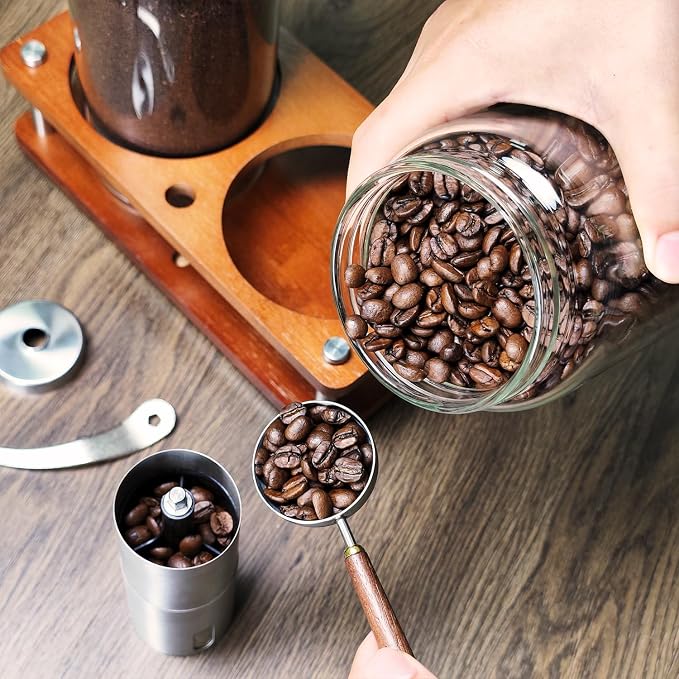 Glass Coffee Grounds Container with Shelf, 2 × 45 oz Glass Coffee Canisters with Airtight Thread Lid, Storage Jars with Stainless Steel Spoon for Coffee Bean, Sugar,Nut