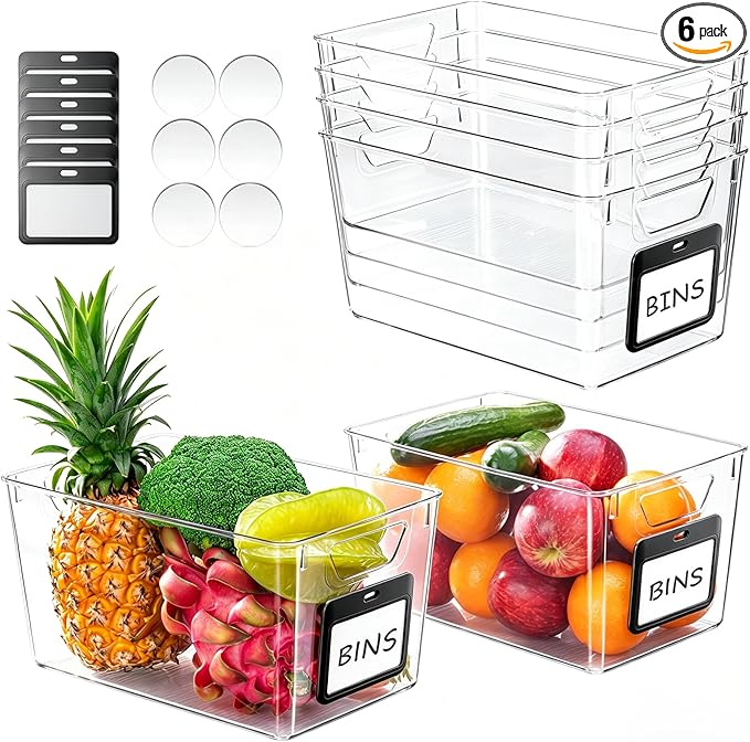 iCASA Clear Organizer Bins - 6 Pack Plastic Pantry Organizers & Storage Containers with Handles & Labels, Home Organization Must Haves for Kitchen, Under Sink, Cabinet Fridge, Bathroom, Shelf, Laundry
