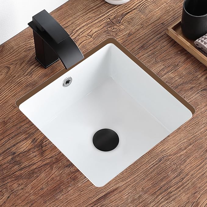 14 Inch Small Undermount Bathroom Sink White Ceramic Square Under Counter Bathroom Sink for Cabinet Porcelain Vanity Sinks,Overflow Type (13.8"x13.8")