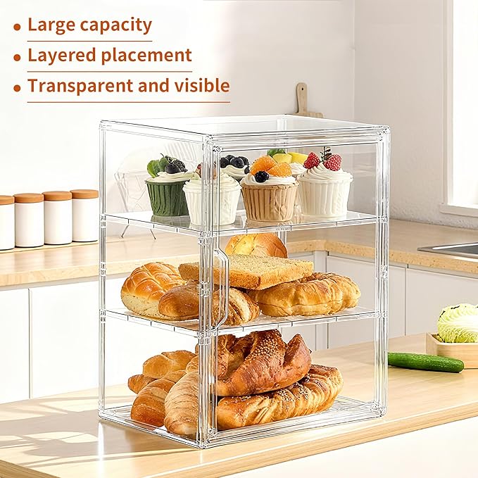 SANKEU Pastry Display Case,Bread Box for Kitchen Countertop,3 Layers Adjustable Clear Bread Storage with Magnetic Door Small Bakery Pastry Display,1 Pack