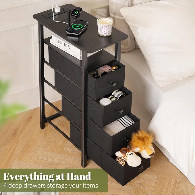 Yoobure LED Narrow Nightstand with Charging Station - Slim Dresser for Bedroom Narrow Side Table Storage Cabinet, Small Dressers Chest of Drawers, Tall Skinny Night Stand End Table for Small Spaces