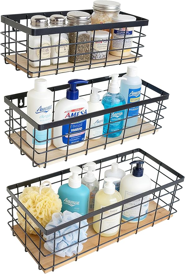 ShabbyDecor Metal Wire Basket Detachable Wood Base Storage Organizer Farmhouse Hanging Basket for Kitchen Cabinets, Bathroom, Pantry, Laundry Room Set of 3,Black Color