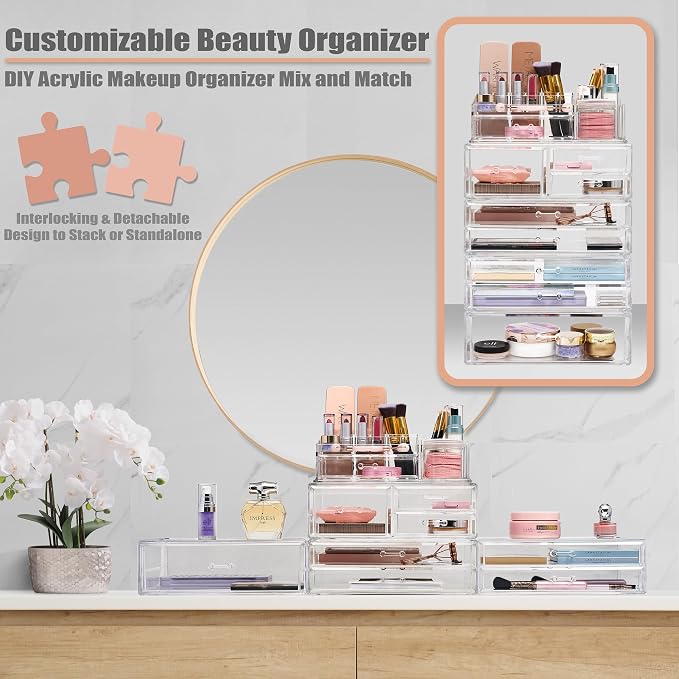 Sorbus Stackable Acrylic Drawers - 2 Clear Storage Drawers for Organizing Make up Palettes, Nail Polish, Hair Accessories, Cosmetics & Beauty Supplies - Makeup Organizer for Vanity, Bathroom Organizer