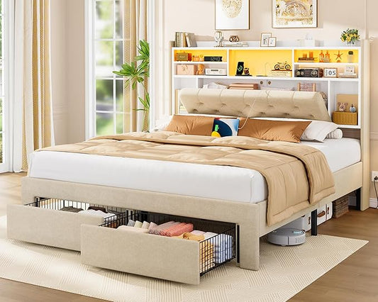 TEENFON Queen Bed Frame with Headboard and 2 Drawers Storage, Bed Frame Queen Size Built in LED Lights and Charging Station, Sturdy & Noise-Free Upholstered Platform Metal Bed, Beige