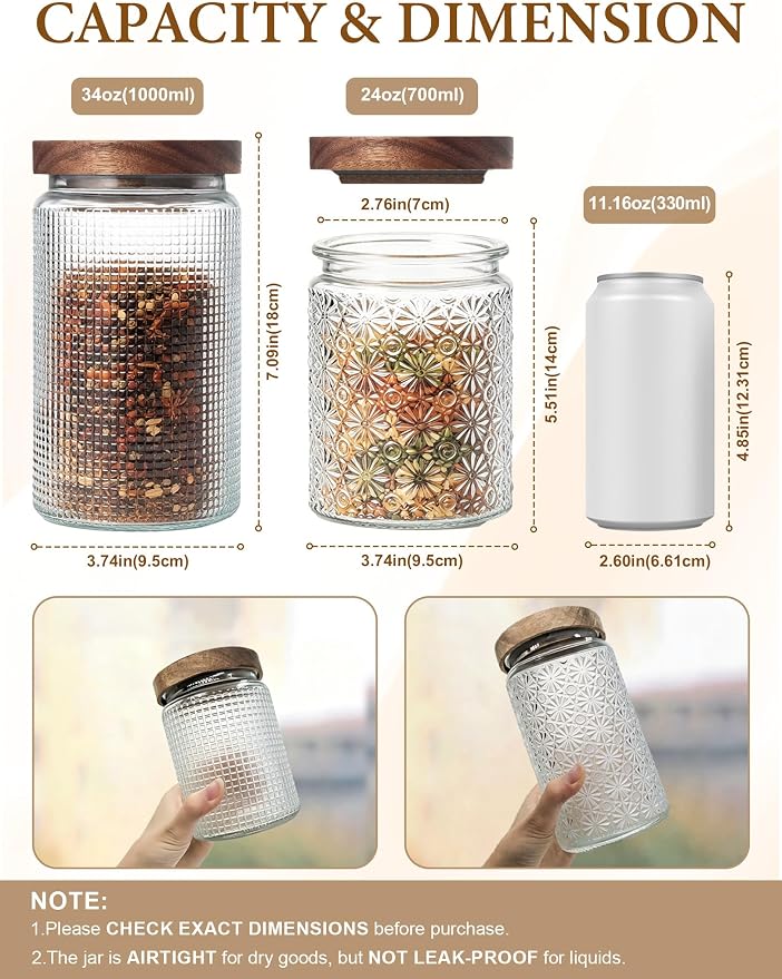 Vintage Glass Jars with Wood Lids - 24 OZ Airtight Storage Container for Kitchen Pantry Bathroom, Decorative Canisters for Coffee Beans, Brown Sugar, Cookie, Candy, Tea Bag, Dog Treat, Flour, Set of 2