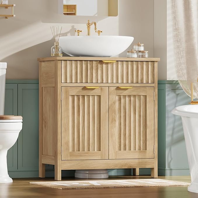 TEENFON Pedestal Sink Storage Cabinet with 2 Doors and Drawer, Bathroom Sink Cabinet with U-Shape Cut-Out, Fluted Pedestal Sink Cabinet, Natural Oak